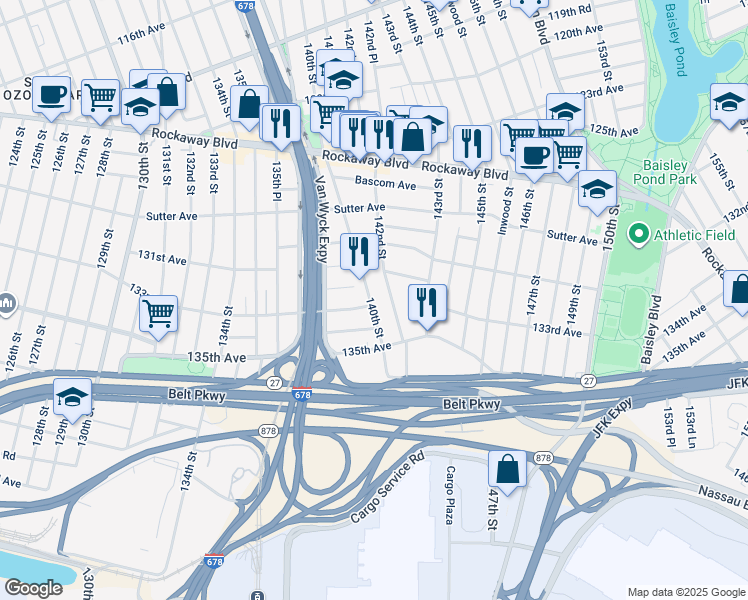 map of restaurants, bars, coffee shops, grocery stores, and more near 132-15 140th Street in Queens