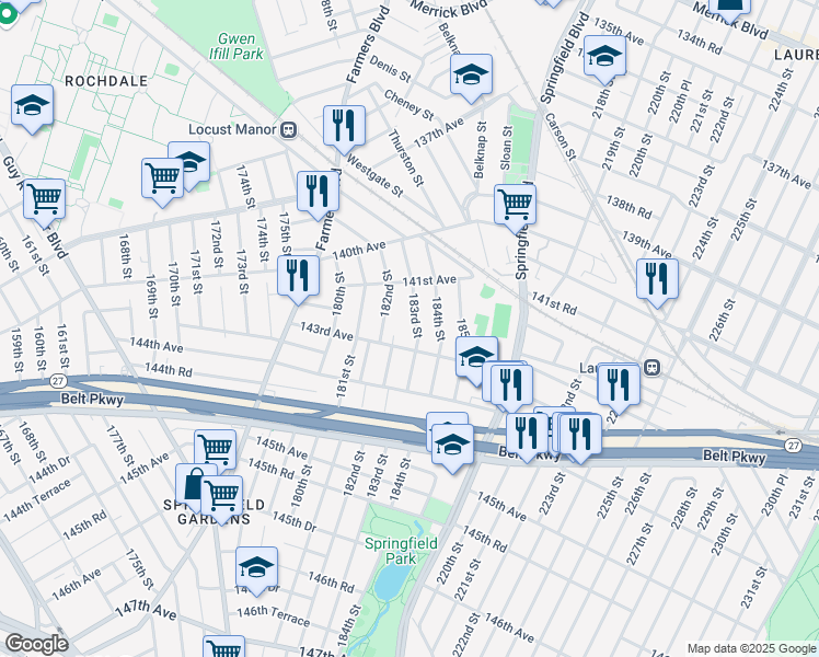map of restaurants, bars, coffee shops, grocery stores, and more near 141-48 183rd St in Queens