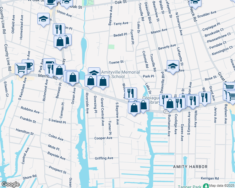 map of restaurants, bars, coffee shops, grocery stores, and more near 320A Merrick Road in Amityville