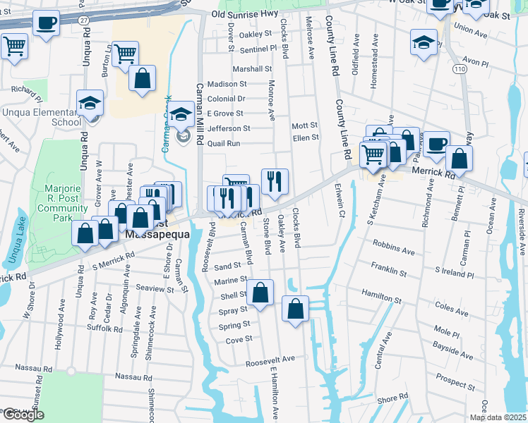 map of restaurants, bars, coffee shops, grocery stores, and more near 5700 Merrick Road in Massapequa