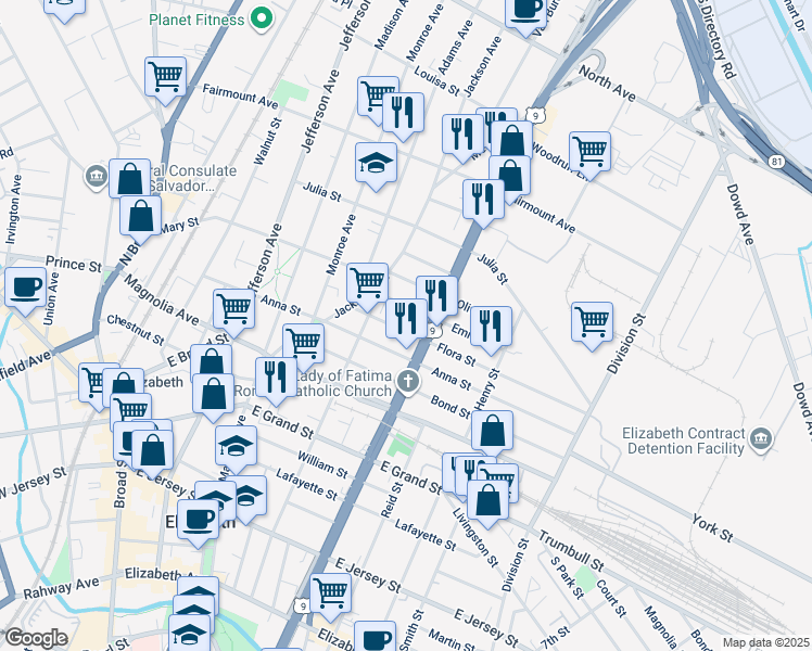 map of restaurants, bars, coffee shops, grocery stores, and more near 1017 Flora Street in Elizabeth