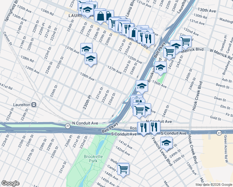 map of restaurants, bars, coffee shops, grocery stores, and more near 138-07 233rd Street in Queens