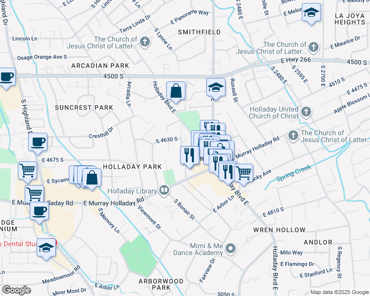 map of restaurants, bars, coffee shops, grocery stores, and more near 2241 Laney Avenue in Holladay