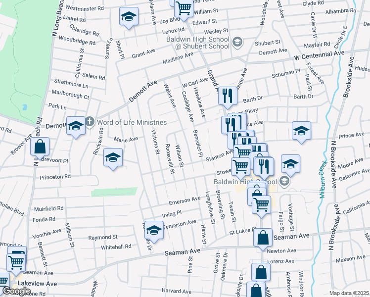 map of restaurants, bars, coffee shops, grocery stores, and more near 1623 Wales Avenue in Baldwin