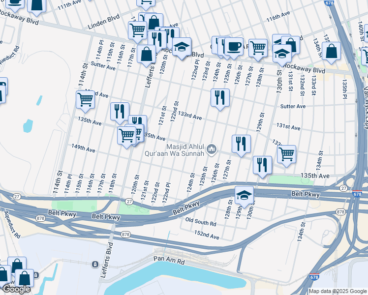 map of restaurants, bars, coffee shops, grocery stores, and more near 122-44 135th Avenue in Queens
