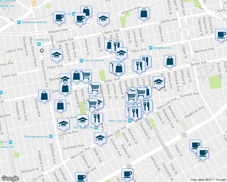 map of restaurants, bars, coffee shops, grocery stores, and more near 897 Blake Avenue in Brooklyn