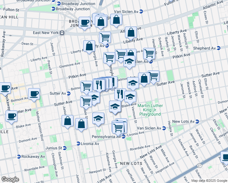map of restaurants, bars, coffee shops, grocery stores, and more near 626 Sutter Avenue in Brooklyn