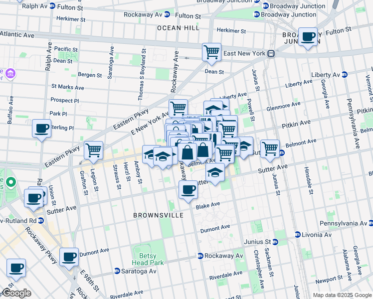 map of restaurants, bars, coffee shops, grocery stores, and more near 1722 Pitkin Avenue in Brooklyn