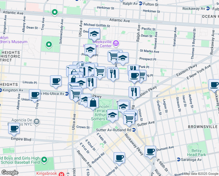 map of restaurants, bars, coffee shops, grocery stores, and more near 1527 Lincoln Place in Brooklyn