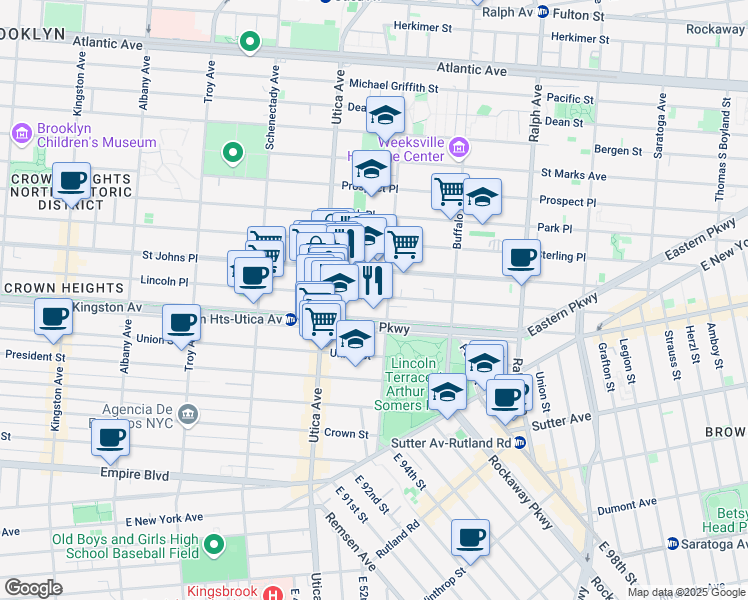 map of restaurants, bars, coffee shops, grocery stores, and more near 1193 Eastern Parkway in Brooklyn