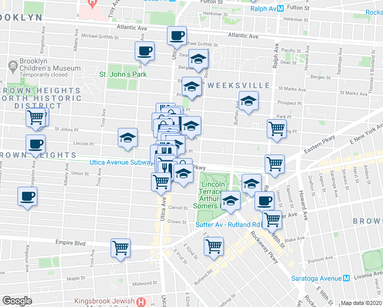 map of restaurants, bars, coffee shops, grocery stores, and more near 1438 Lincoln Place in Brooklyn