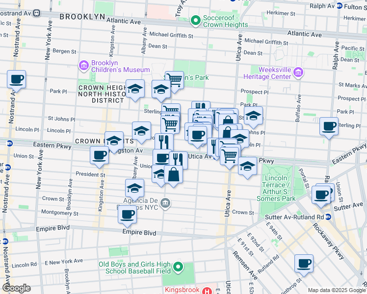 map of restaurants, bars, coffee shops, grocery stores, and more near 1005 Eastern Parkway in Brooklyn