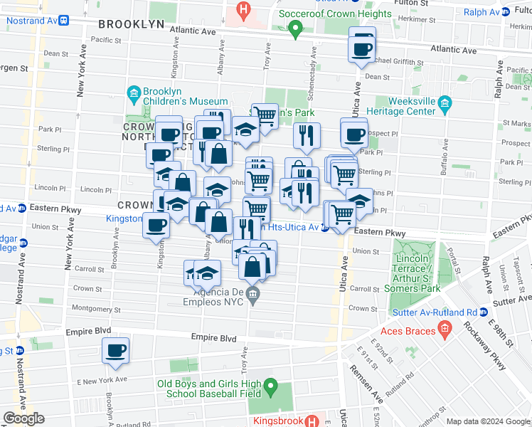 map of restaurants, bars, coffee shops, grocery stores, and more near 275 Troy Avenue in Brooklyn