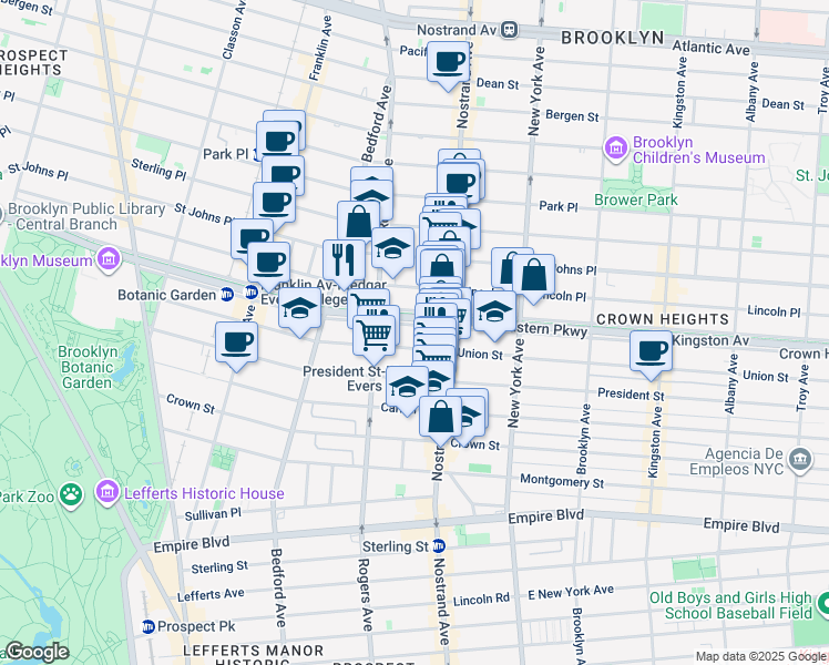 map of restaurants, bars, coffee shops, grocery stores, and more near 516 Eastern Parkway in Brooklyn