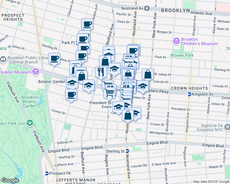 map of restaurants, bars, coffee shops, grocery stores, and more near 464 Eastern Parkway in Brooklyn