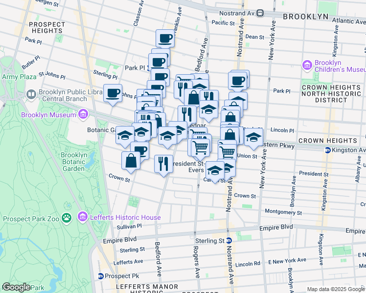 map of restaurants, bars, coffee shops, grocery stores, and more near 426 Eastern Parkway in Brooklyn