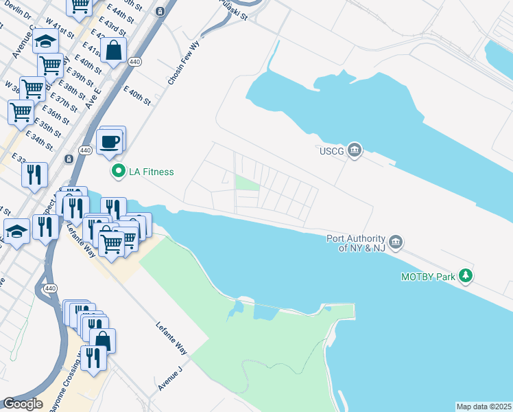 map of restaurants, bars, coffee shops, grocery stores, and more near 110 Carl Brashear Drive in Bayonne
