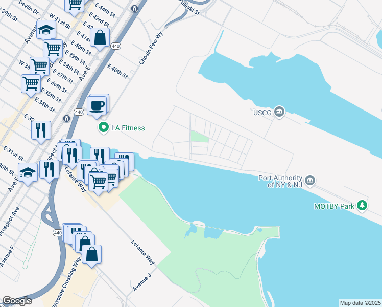 map of restaurants, bars, coffee shops, grocery stores, and more near Port Terminal Boulevard in Bayonne