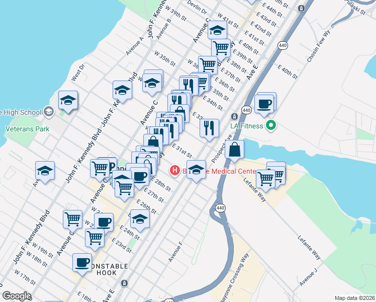 map of restaurants, bars, coffee shops, grocery stores, and more near 26 East 31st Street in Bayonne