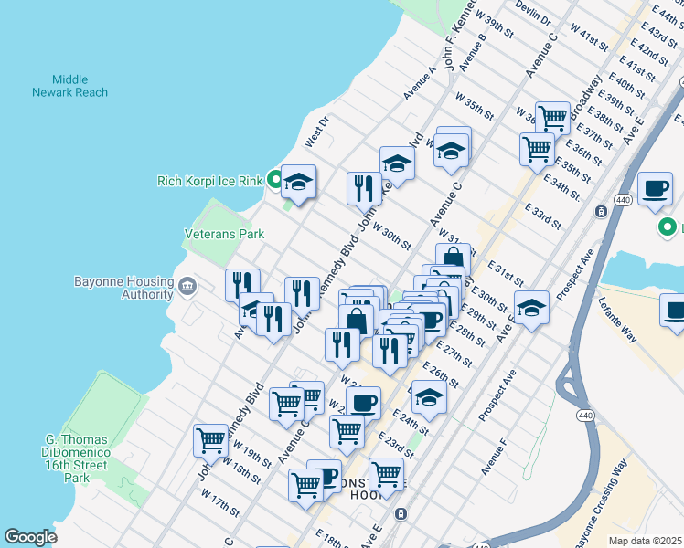 map of restaurants, bars, coffee shops, grocery stores, and more near 97 West 27th Street in Bayonne