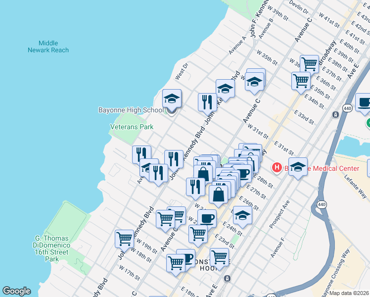 map of restaurants, bars, coffee shops, grocery stores, and more near 122 West 27th Street in Bayonne