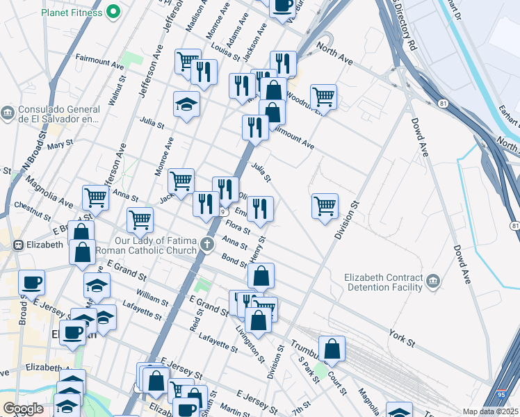 map of restaurants, bars, coffee shops, grocery stores, and more near 922-924 Olive Street in Elizabeth