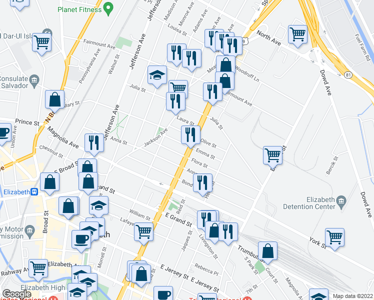 map of restaurants, bars, coffee shops, grocery stores, and more near 950 Emma Street in Elizabeth