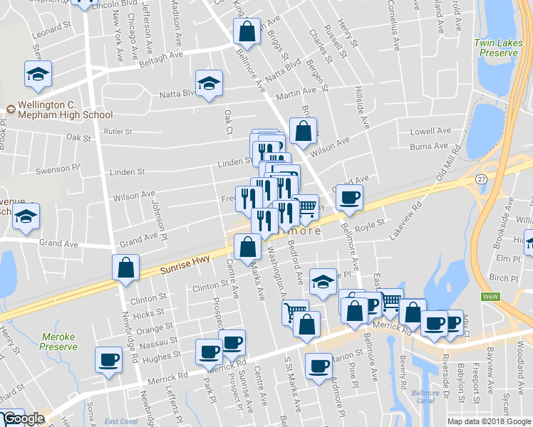 map of restaurants, bars, coffee shops, grocery stores, and more near 214 Pettit Avenue in Bellmore