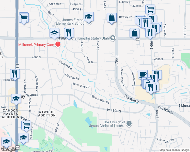 map of restaurants, bars, coffee shops, grocery stores, and more near 586 South Creekview Drive in Murray