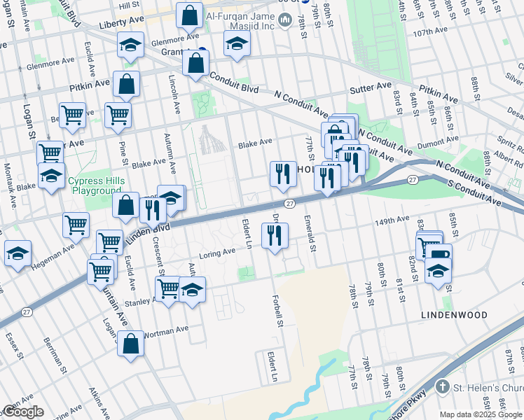 map of restaurants, bars, coffee shops, grocery stores, and more near 4111 Linden Boulevard in Brooklyn