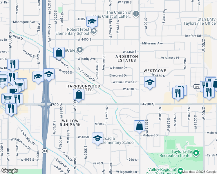 map of restaurants, bars, coffee shops, grocery stores, and more near 3396 Crestfield Drive in West Valley City