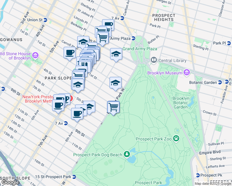 map of restaurants, bars, coffee shops, grocery stores, and more near 50 Prospect Park West in Brooklyn