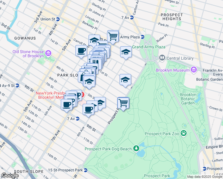 map of restaurants, bars, coffee shops, grocery stores, and more near 582 8th Street in Brooklyn