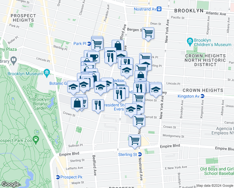map of restaurants, bars, coffee shops, grocery stores, and more near 436 Eastern Parkway in Kings County