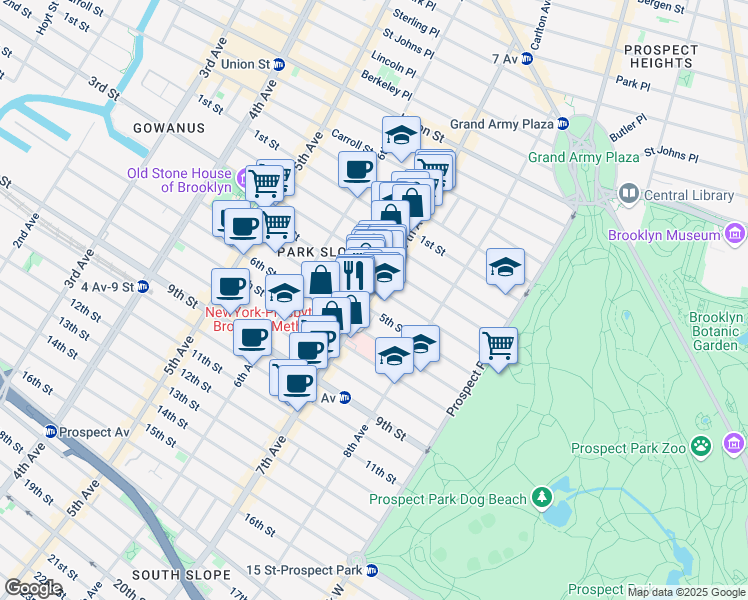 map of restaurants, bars, coffee shops, grocery stores, and more near 237 7th Avenue in Brooklyn