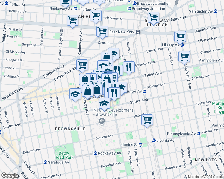 map of restaurants, bars, coffee shops, grocery stores, and more near 393 Mother Gaston Boulevard in Brooklyn