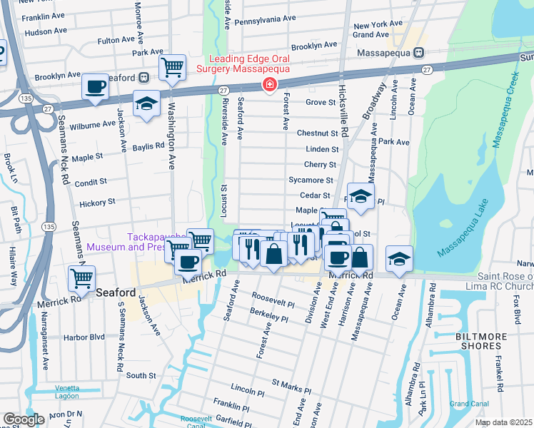 map of restaurants, bars, coffee shops, grocery stores, and more near 24 Maple St in Massapequa