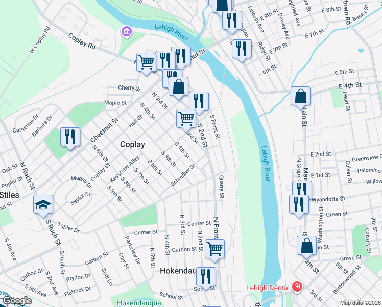 map of restaurants, bars, coffee shops, grocery stores, and more near 137 S 4th St in Coplay