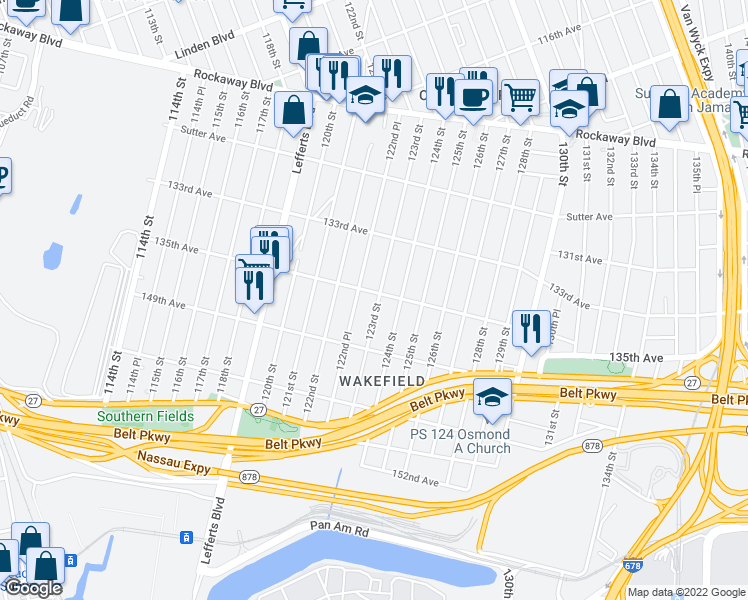 map of restaurants, bars, coffee shops, grocery stores, and more near 122-44 135th Avenue in Queens