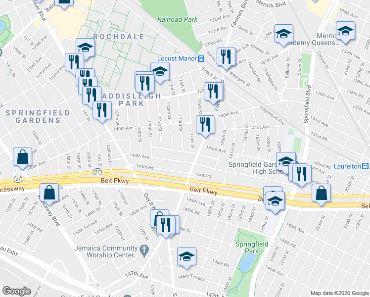 map of restaurants, bars, coffee shops, grocery stores, and more near 173-03 143rd Road in Queens