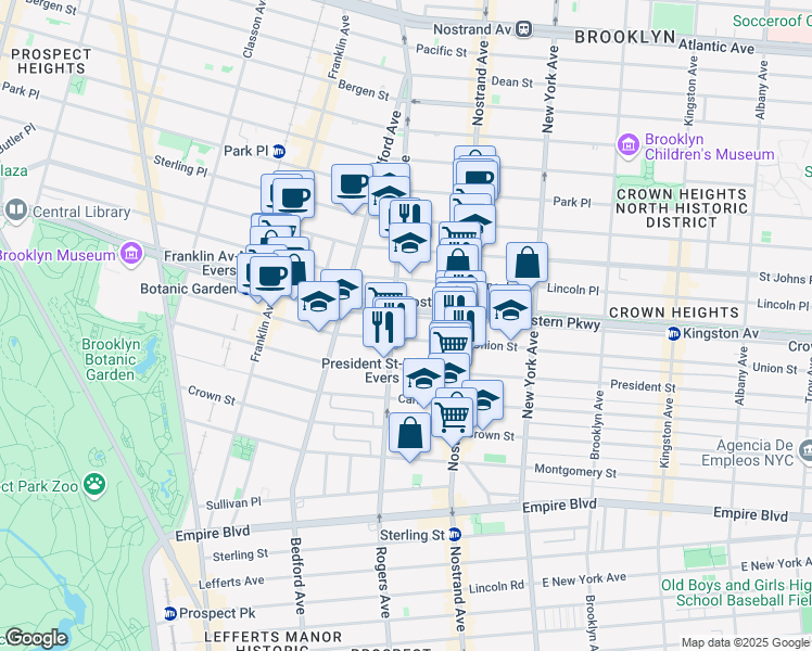 map of restaurants, bars, coffee shops, grocery stores, and more near 470 Eastern Parkway in Brooklyn