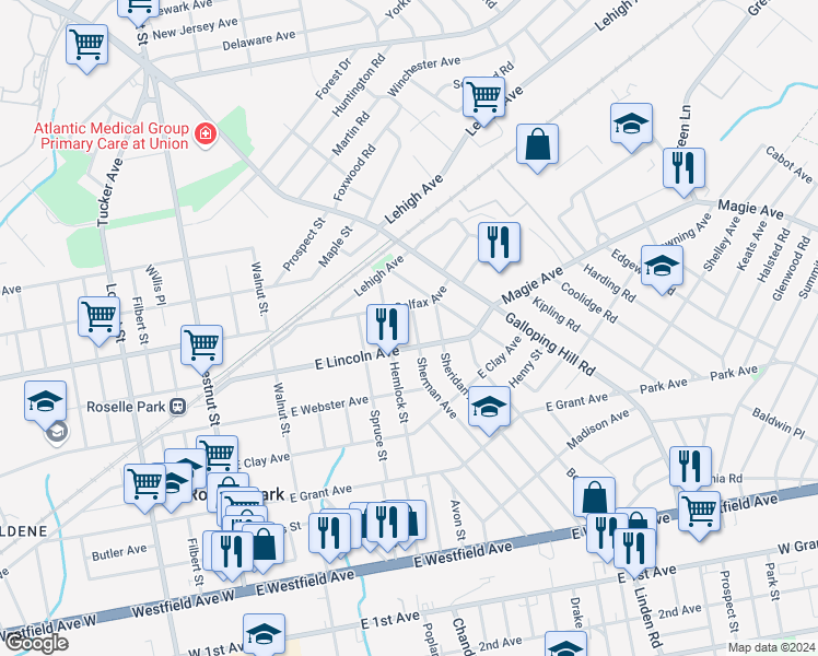 map of restaurants, bars, coffee shops, grocery stores, and more near 616 Sherman Avenue in Roselle Park