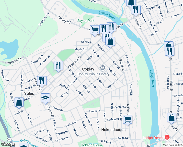 map of restaurants, bars, coffee shops, grocery stores, and more near 22 South 6th Street in Coplay