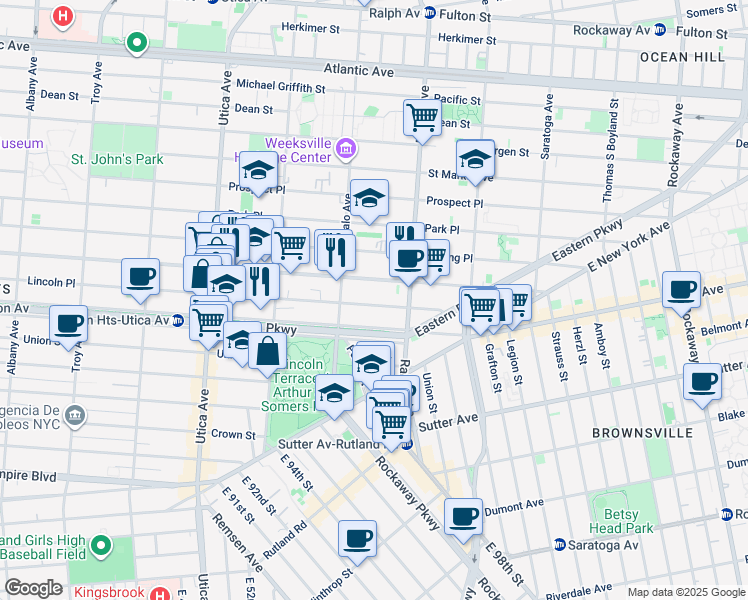 map of restaurants, bars, coffee shops, grocery stores, and more near 1571 Lincoln Place in Brooklyn
