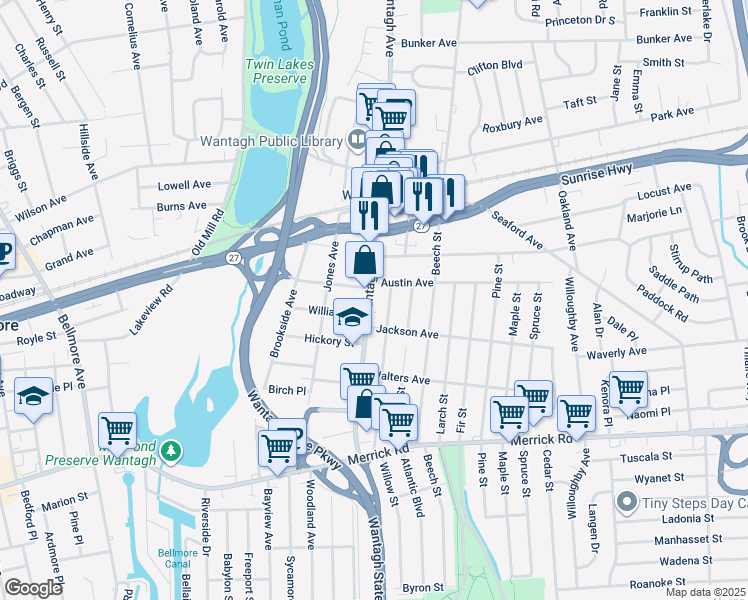 map of restaurants, bars, coffee shops, grocery stores, and more near 2091 Wantagh Avenue in Wantagh