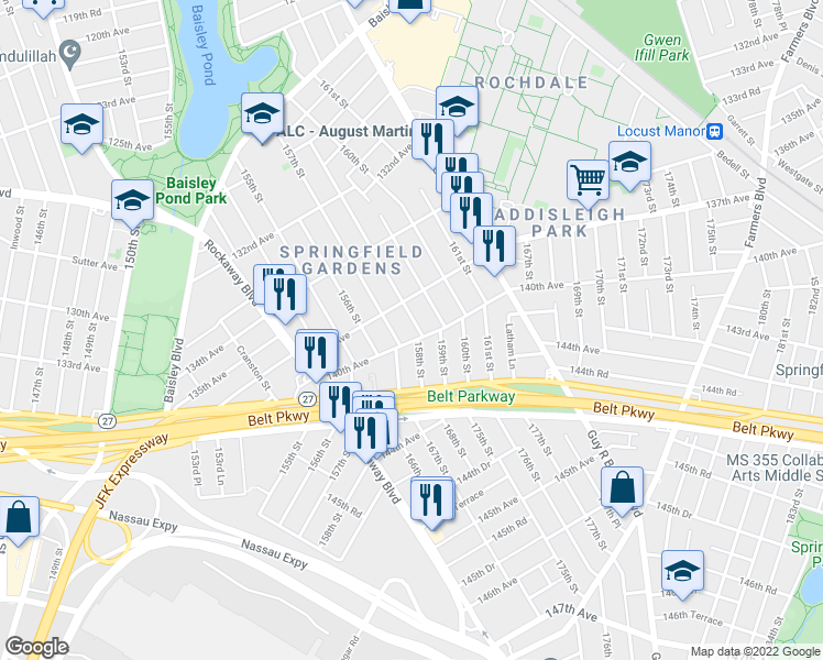 map of restaurants, bars, coffee shops, grocery stores, and more near 137-26 158th Street in Queens