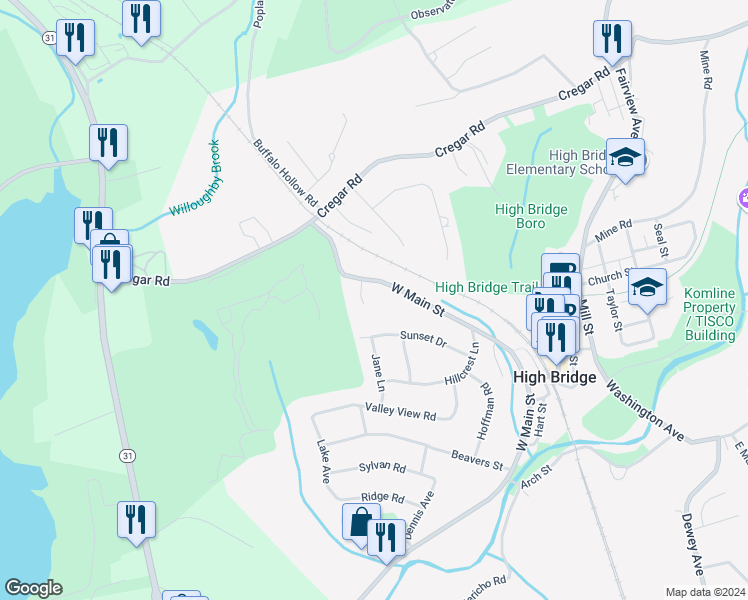 map of restaurants, bars, coffee shops, grocery stores, and more near 11 Woodglen Drive in High Bridge