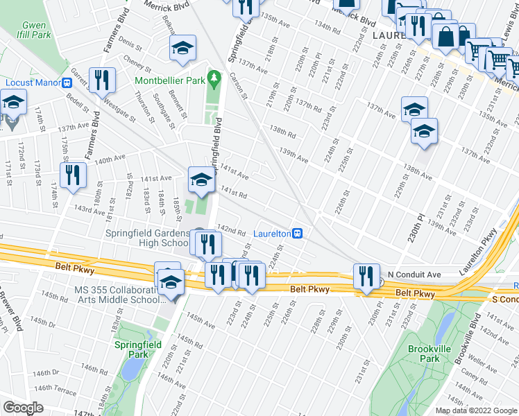map of restaurants, bars, coffee shops, grocery stores, and more near 141-36 222nd Street in Queens