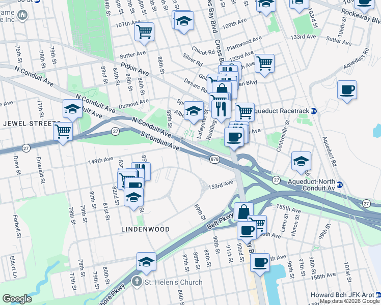 map of restaurants, bars, coffee shops, grocery stores, and more near 150-02 89th Street in Queens