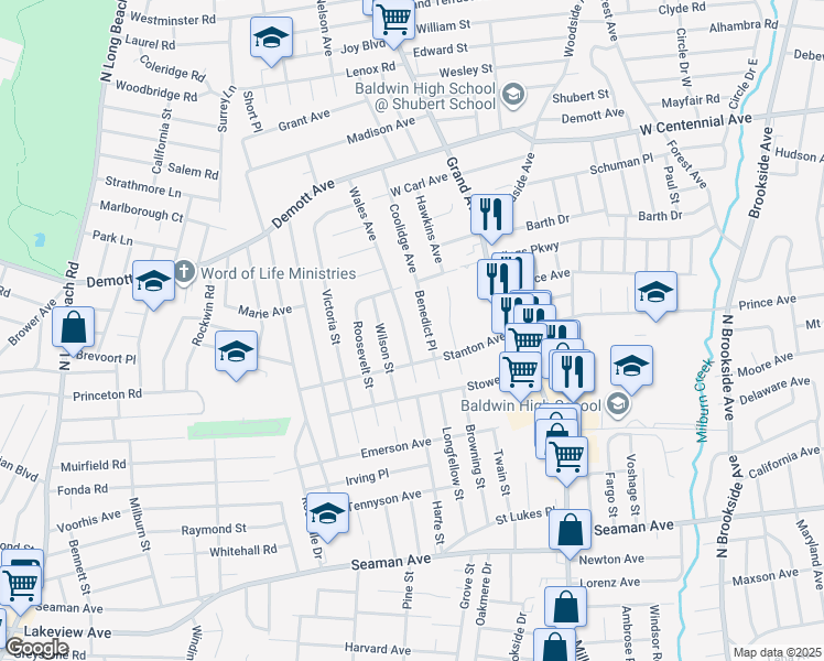 map of restaurants, bars, coffee shops, grocery stores, and more near 1623 Wales Avenue in Baldwin